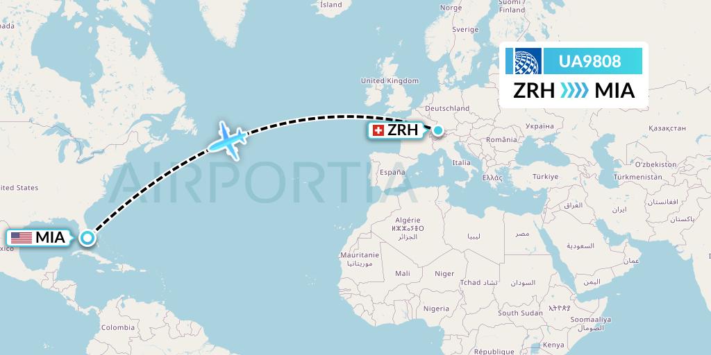 UA9808 United Airlines Flight Map: Zurich to Miami
