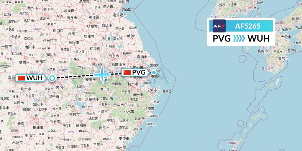 AF5265 Air France Flight Map: Shanghai to Wuhan
