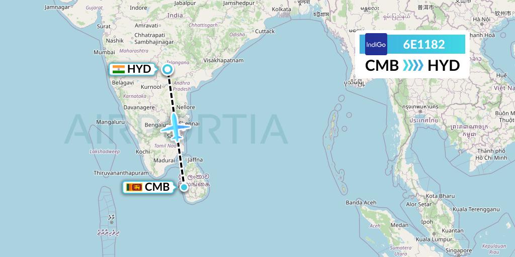 6E1182 IndiGo Airlines Flight Map: Colombo to Hyderabad