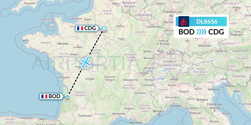 DL8656 Delta Air Lines Flight Map: Bordeaux to Paris