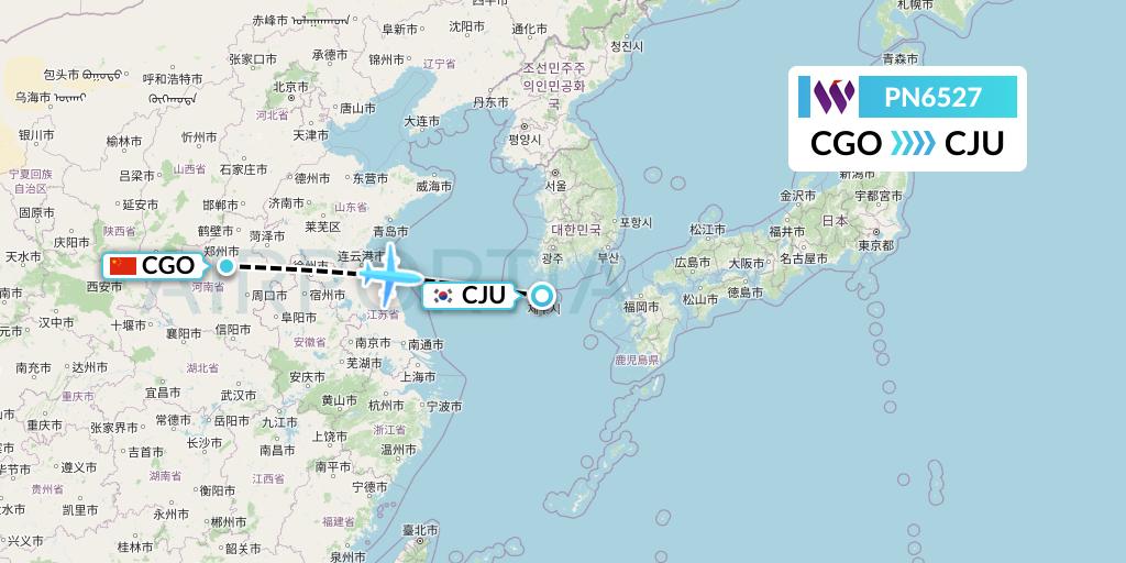 PN6527 China West Air Flight Map: Zhengzhou to Jeju