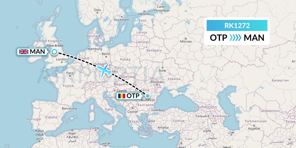 RK1272 Ryanair UK Flight Map: Bucharest to Manchester