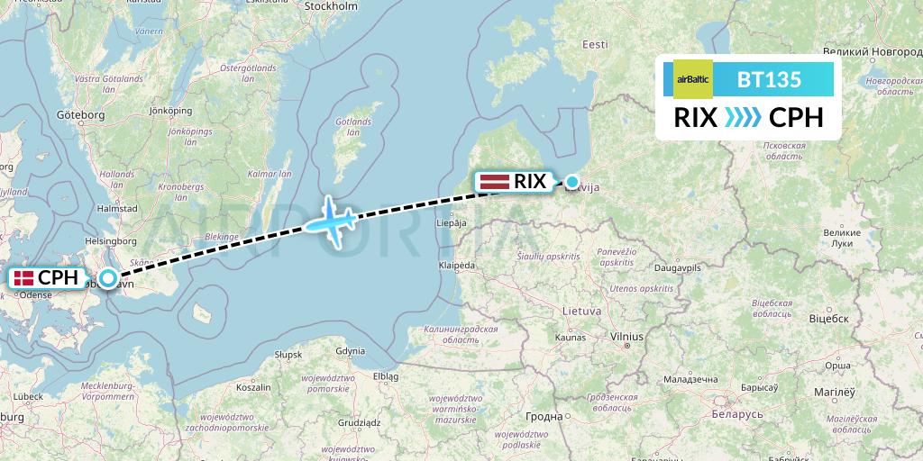 BT135 Air Baltic Flight Map: Riga to Copenhagen