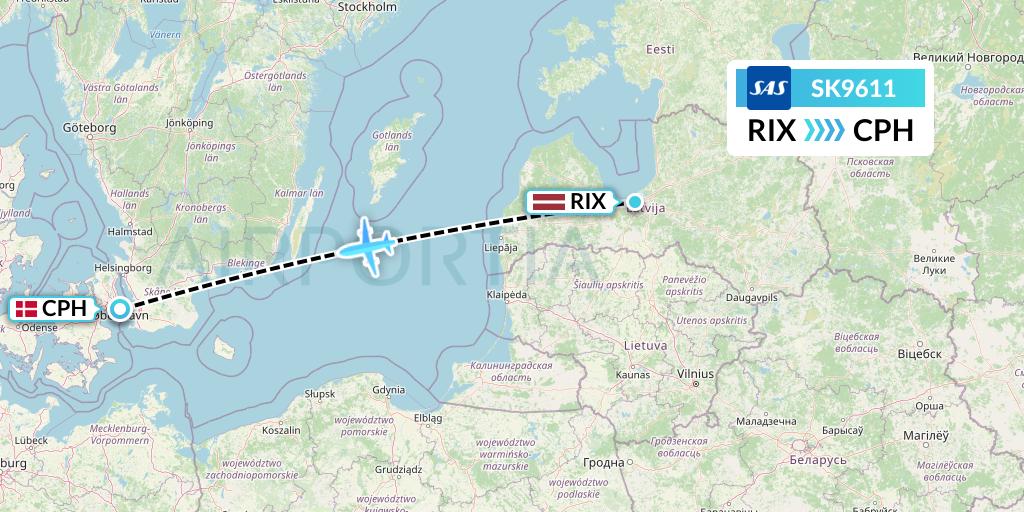 SK9611 SAS Flight Map: Riga to Copenhagen