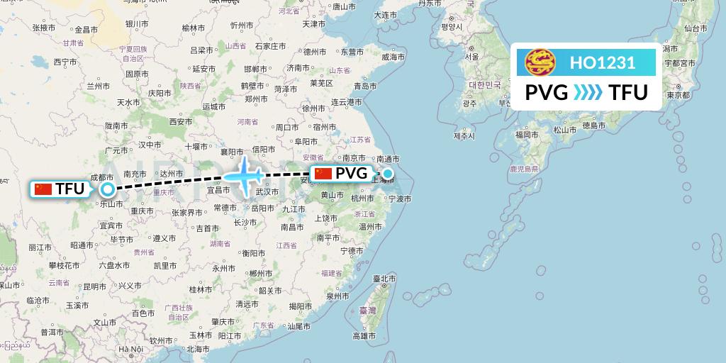 HO1231 Juneyao Airlines Flight Map: Shanghai to Chengdu