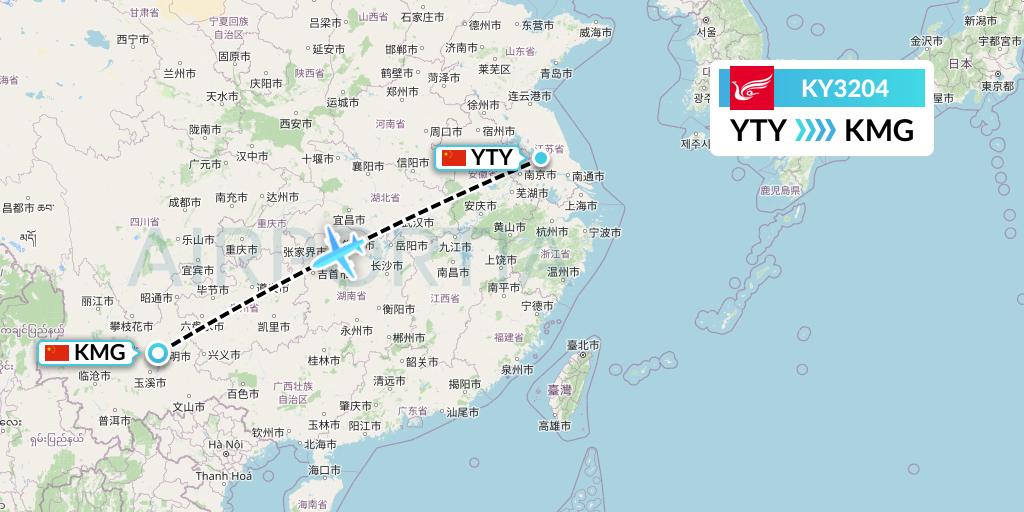 KY3204 Kunming Airlines Flight Map: Yangzhou to Kunming