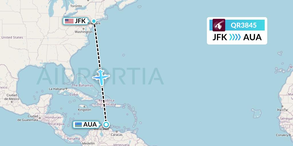 QR3845 Qatar Airways Flight Map: New York to Oranjestad