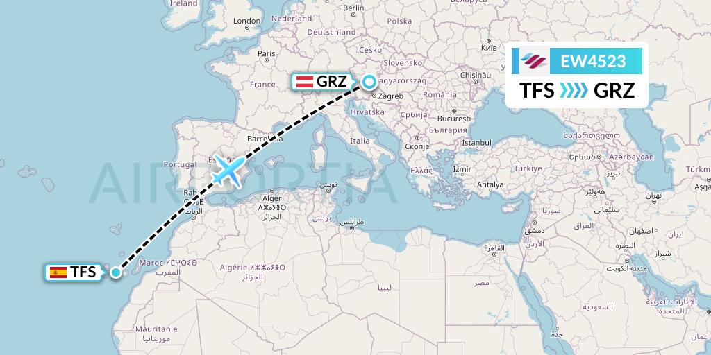 EW4523 Eurowings Flight Map: Tenerife to Graz