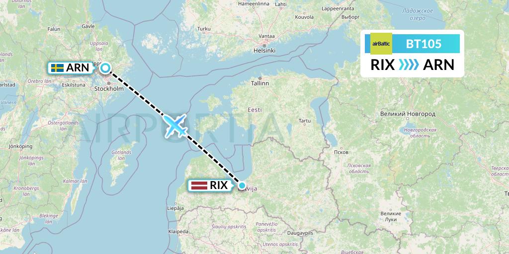 BT105 Air Baltic Flight Map: Riga to Stockholm