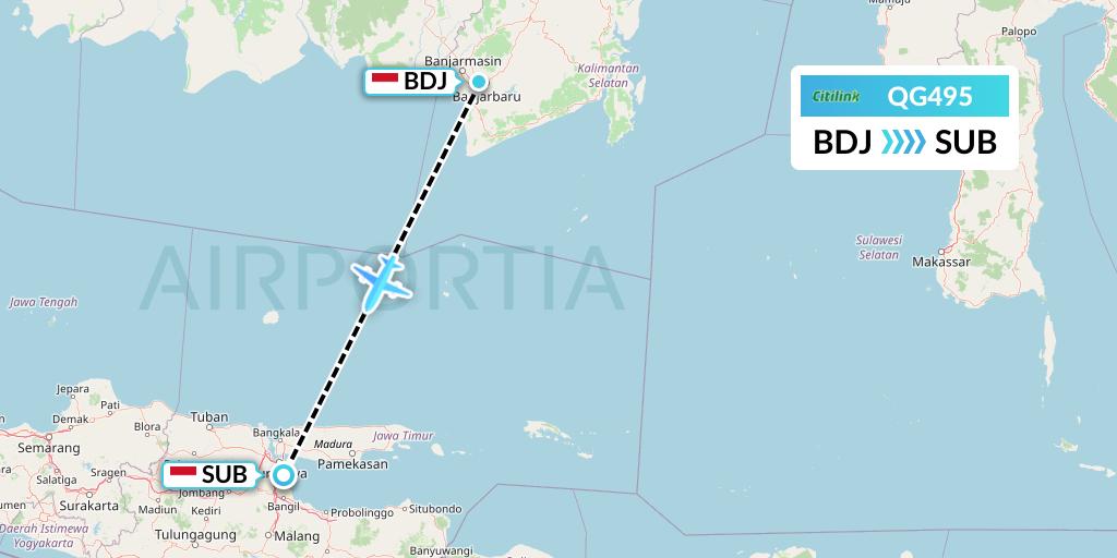 QG495 Citilink Flight Map: Banjarmasin to Surabaya