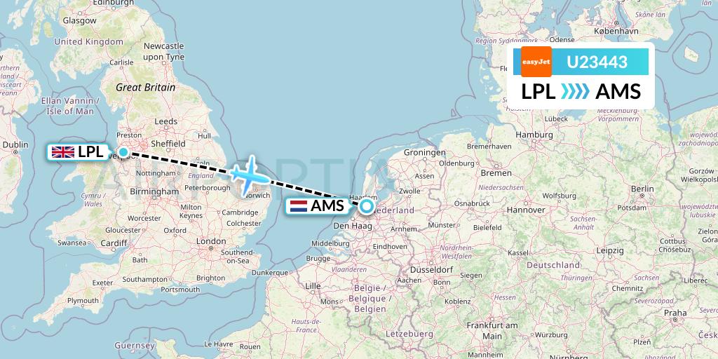 U23443 EasyJet Flight Map: Liverpool to Amsterdam
