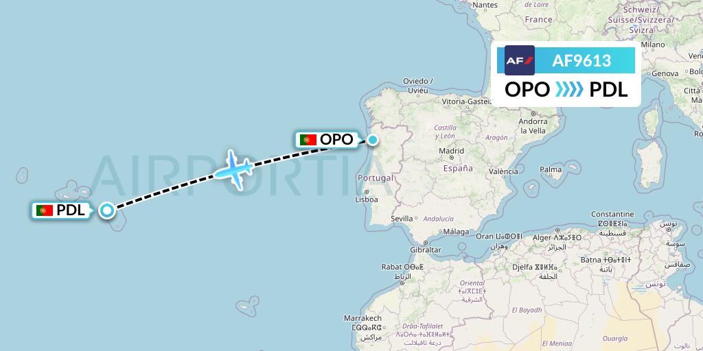 AF9613 Air France Flight Map: Porto to Ponta Delgada