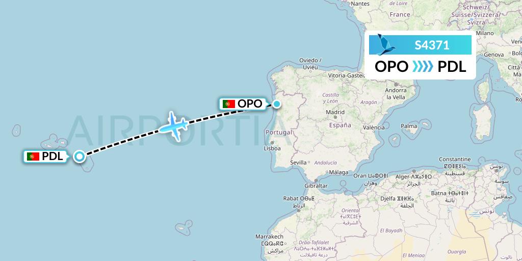 S4371 Azores Airlines Flight Map: Porto to Ponta Delgada