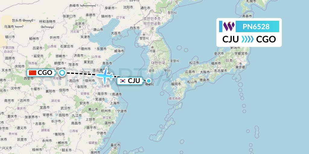 PN6528 China West Air Flight Map: Jeju to Zhengzhou