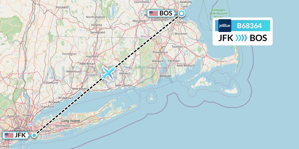 B68364 JetBlue Airways Flight Map: New York to Boston