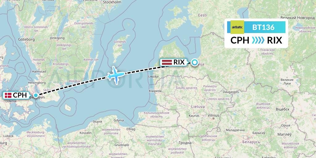 BT136 Air Baltic Flight Map: Copenhagen to Riga