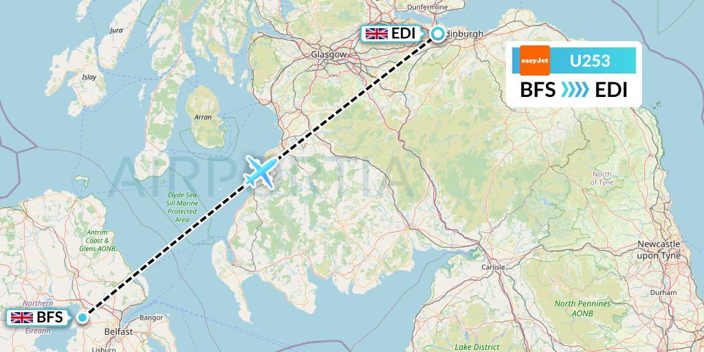 U253 EasyJet Flight Map: Belfast to Edinburgh
