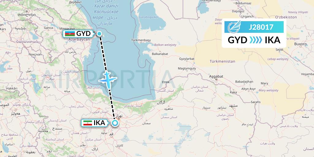 J28017 Azerbaijan Airlines Flight Map: Baku to Tehran