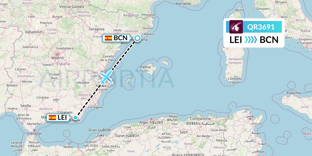 QR3691 Qatar Airways Flight Map: Almeria to Barcelona