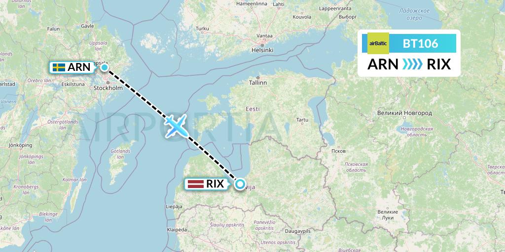 BT106 Air Baltic Flight Map: Stockholm to Riga