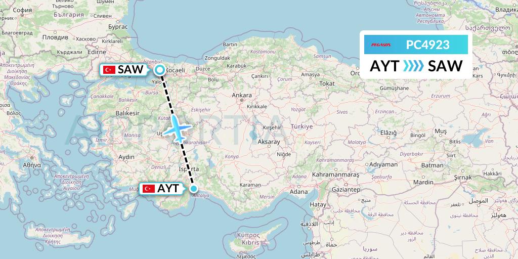 PC4923 Pegasus Airlines Flight Map: Antalya to Istanbul