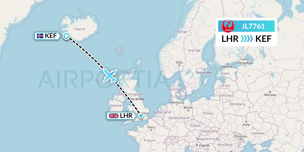 JL7761 Japan Airlines Flight Map: London to Reykjavik