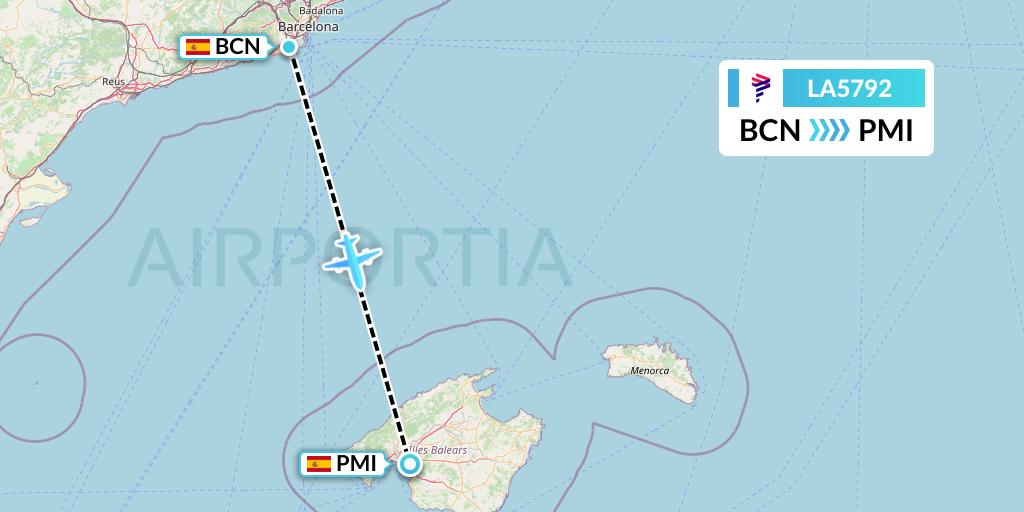 LA5792 LAN Airlines Flight Map: Barcelona to Palma de Mallorca