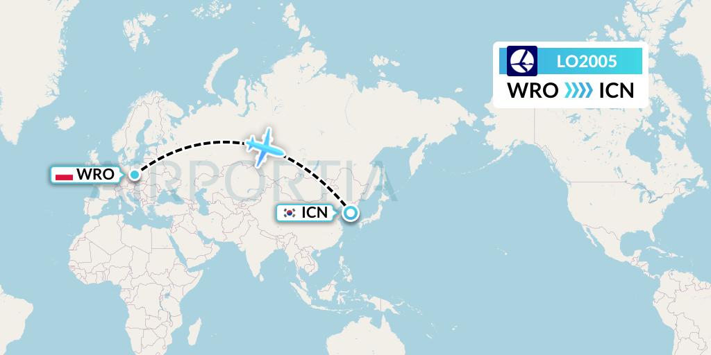 LO2005 LOT Flight Map: Wroclaw to Seoul