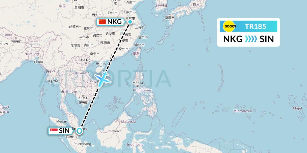 TR185 Tigerair Flight Map: Nanjing to Singapore