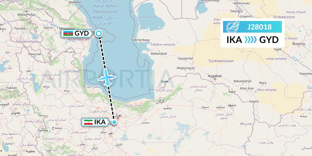 J28018 Azerbaijan Airlines Flight Map: Tehran to Baku