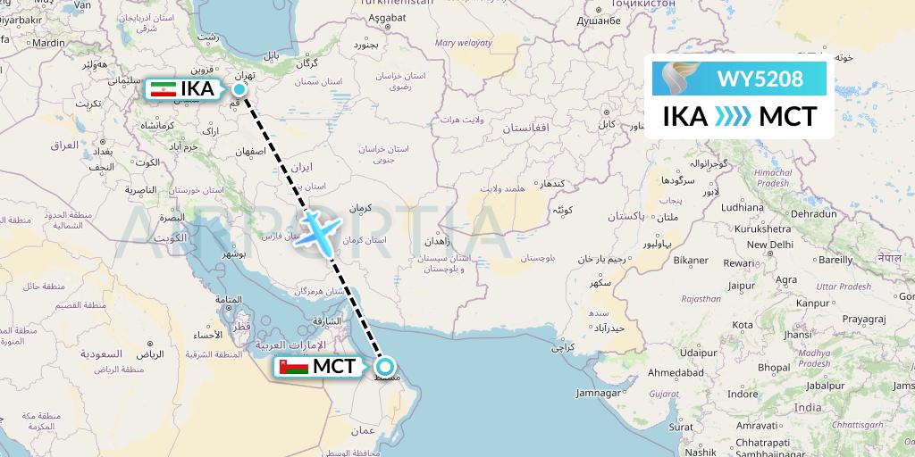 WY5208 Oman Air Flight Map: Tehran to Muscat