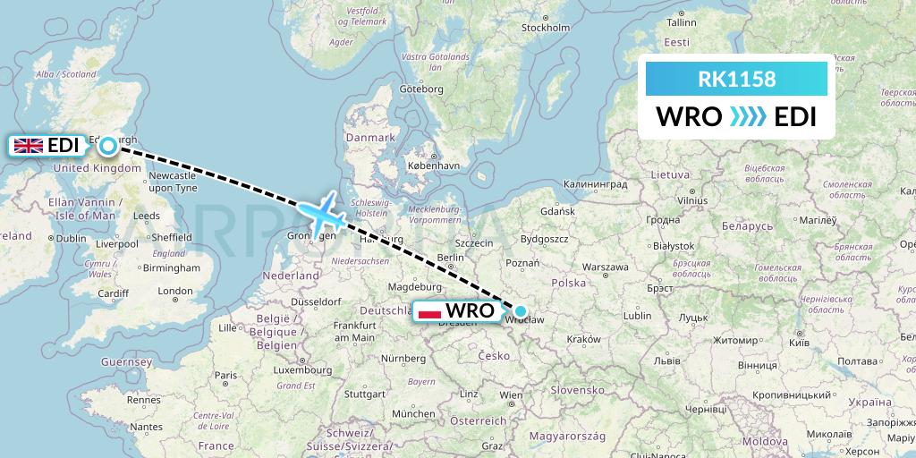 RK1158 Ryanair UK Flight Map: Wroclaw to Edinburgh