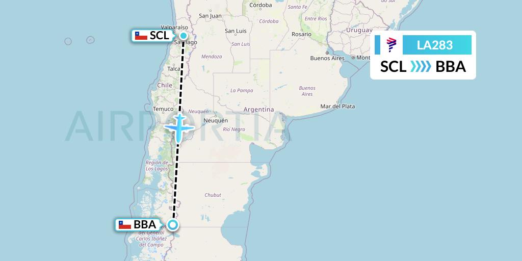 LA283 LAN Airlines Flight Map: Santiago to Balmaceda