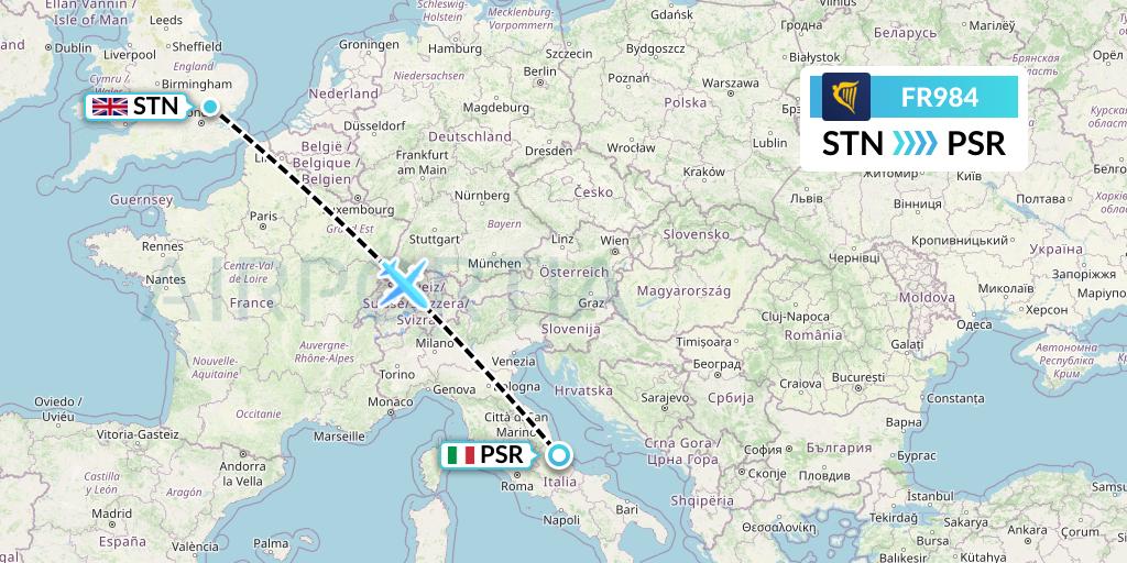 FR984 Ryanair Flight Map: London to Pescara