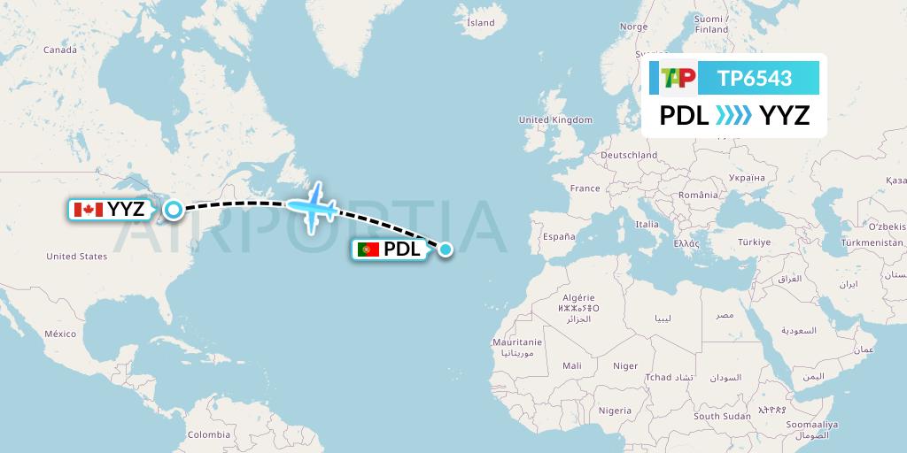 TP6543 TAP Portugal Flight Map: Ponta Delgada to Toronto