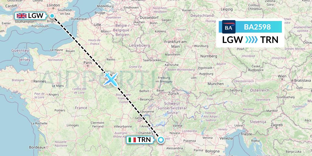 BA2598 British Airways Flight Map: London to Turin