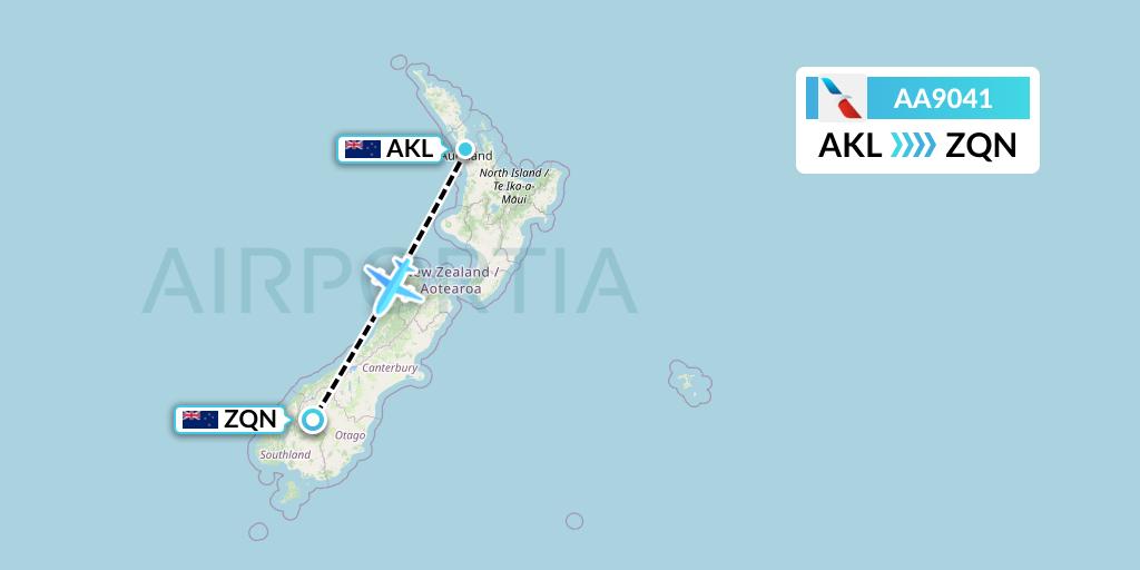 AA9041 American Airlines Flight Map: Auckland to Queenstown