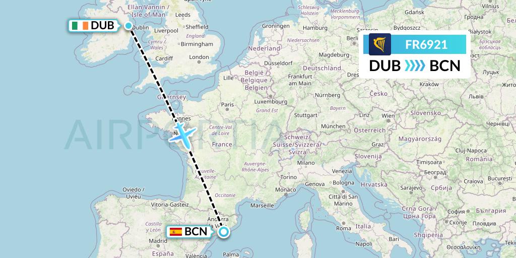 FR6921 Ryanair Flight Map: Dublin to Barcelona