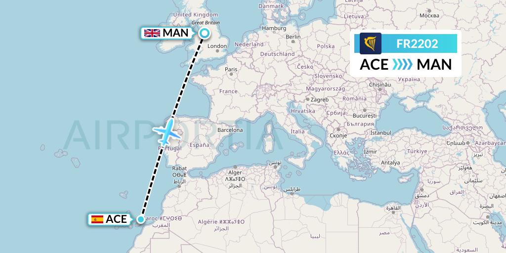 FR2202 Ryanair Flight Map: Lanzarote to Manchester