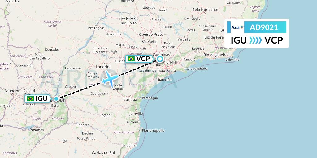 AD9021 Azul Brazilian Airlines Flight Map: Foz do Iguacu to Campinas