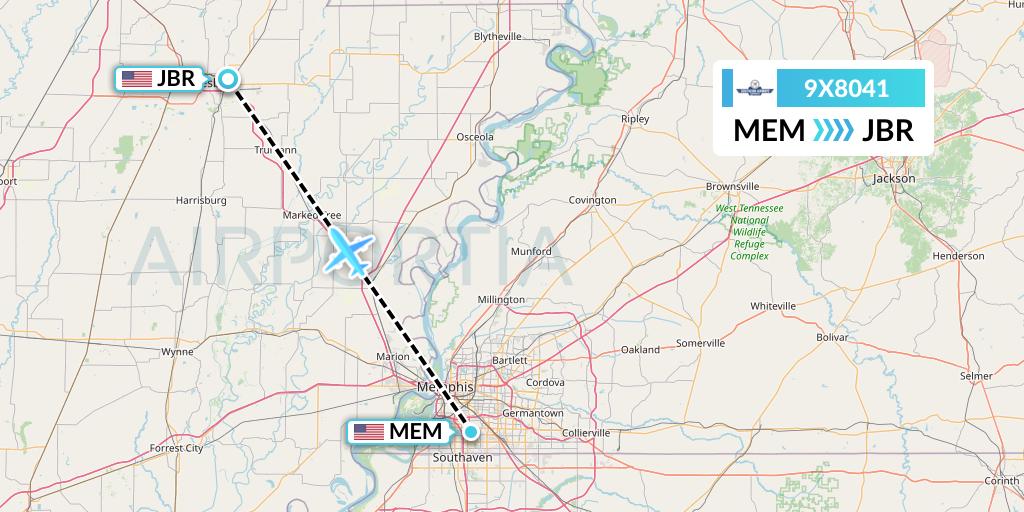 9X8041 Southern Airways Express Flight Map: Memphis to Jonesboro