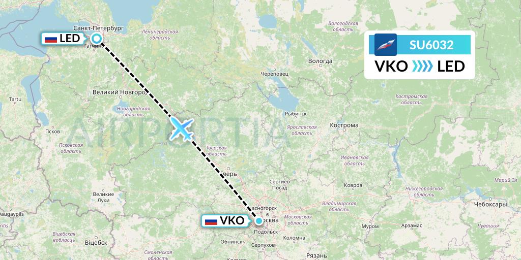 SU6032 Aeroflot Flight Map: Moscow to St. Petersburg