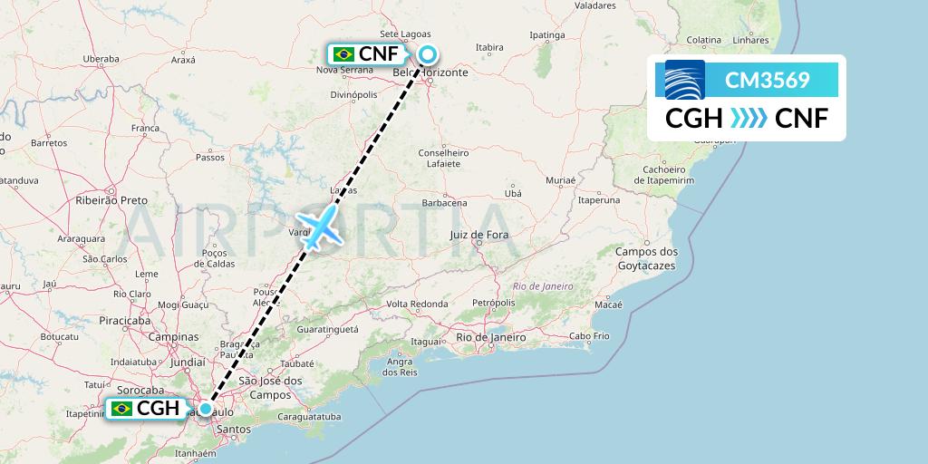 CM3569 Copa Airlines Flight Map: Sao Paulo to Belo Horizonte