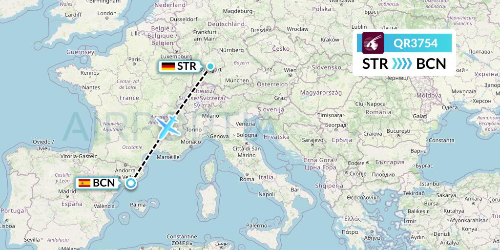 QR3754 Qatar Airways Flight Map: Stuttgart to Barcelona