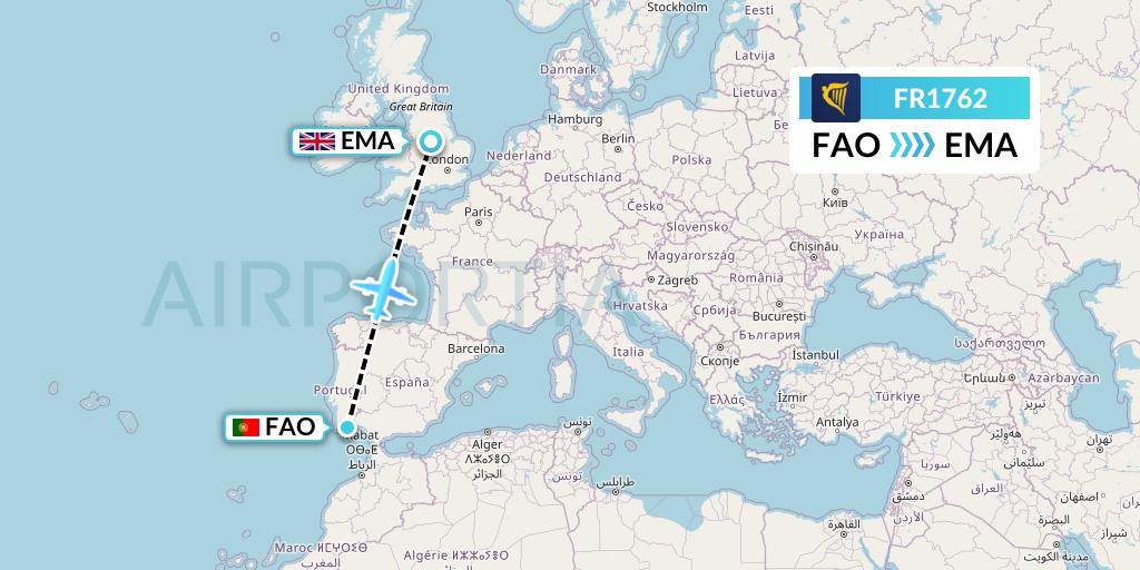 FR1762 Ryanair Flight Map: Faro to East Midlands