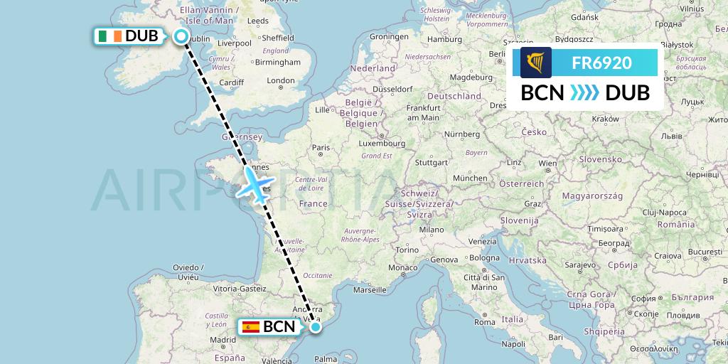 FR6920 Ryanair Flight Map: Barcelona to Dublin