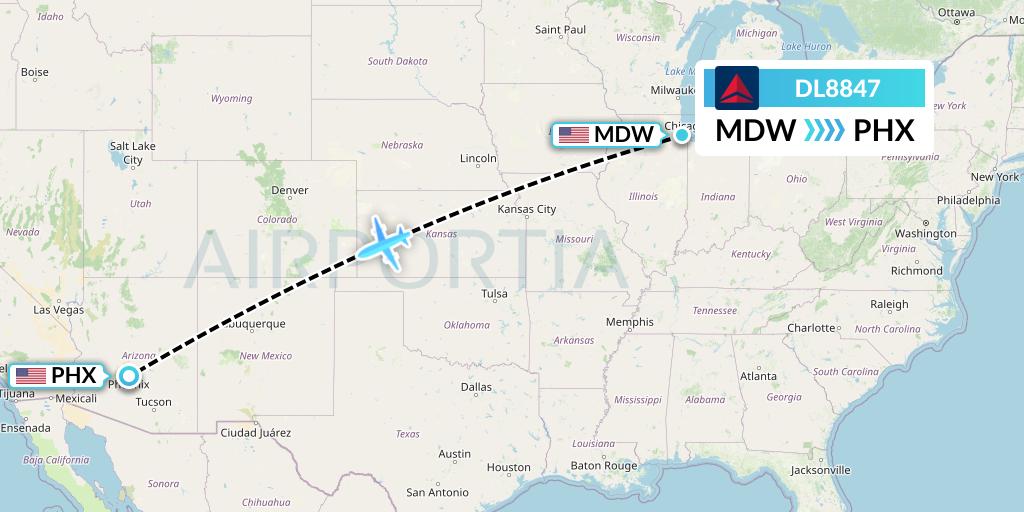 DL8847 Delta Air Lines Flight Map: Chicago to Phoenix