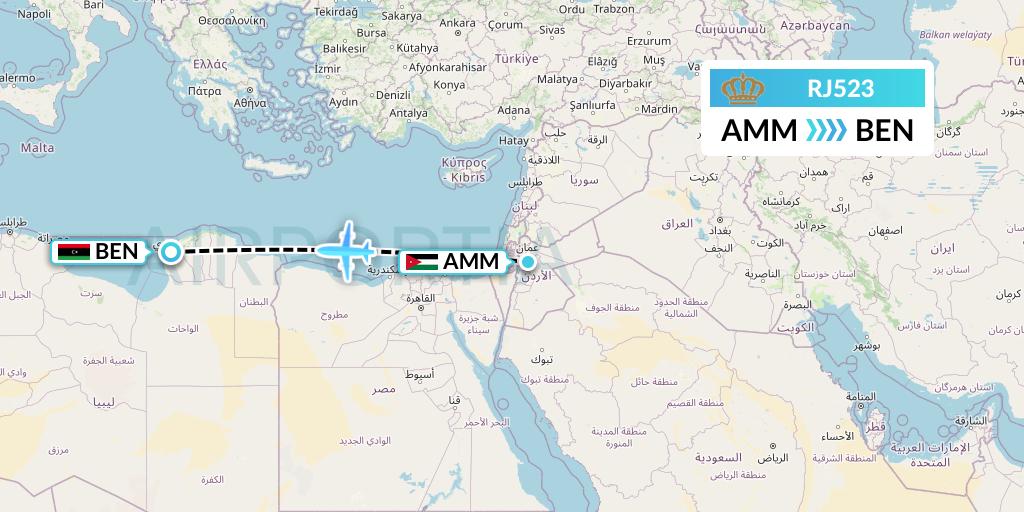 RJ523 Royal Jordanian Flight Map: Amman to Benghazi