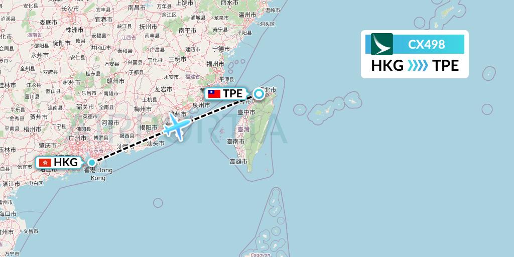 CX498 Cathay Pacific Flight Map: Hong Kong to Taipei