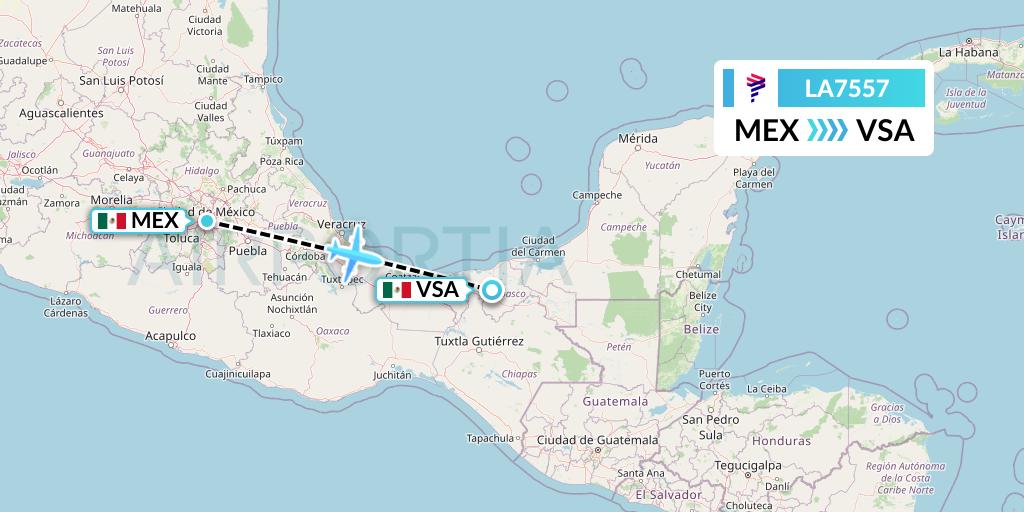 LA7557 LAN Airlines Flight Map: Mexico City to Villahermosa